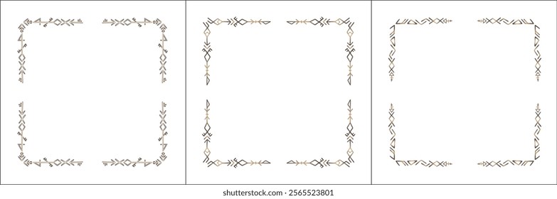 Frame set. Three brown frames with elegant black and white ornamental frame with Viking runes, decorative border, corners. Isolated vector illustration.	
