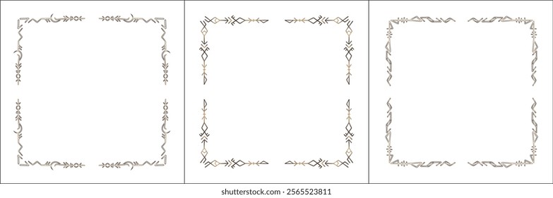 Frame set. Three brown frames with elegant black and white ornamental frame with Viking runes, decorative border, corners. Isolated vector illustration.	
