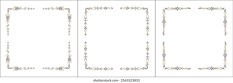 Frame set. Three brown frames with elegant black and white ornamental frame with Viking runes, decorative border, corners. Isolated vector illustration.	
