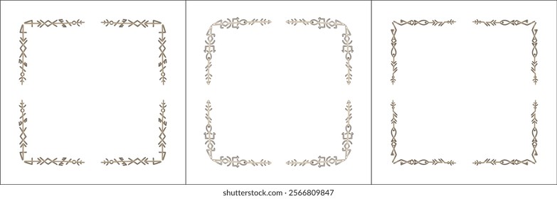 Frame set. Three brown frames with elegant black and white ornamental frame with Viking runes, decorative border, corners. Isolated vector illustration.	