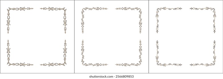 Frame set. Three brown frames with elegant black and white ornamental frame with Viking runes, decorative border, corners. Isolated vector illustration.	