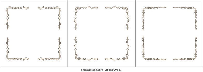 Frame set. Three brown frames with elegant black and white ornamental frame with Viking runes, decorative border, corners. Isolated vector illustration.	