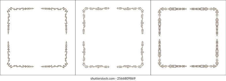 Frame set. Three brown frames with elegant black and white ornamental frame with Viking runes, decorative border, corners. Isolated vector illustration.	