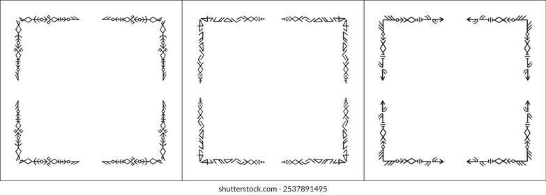 Conjunto de quadros. Três quadros com quadro ornamental preto e branco elegante com runas viking, borda decorativa, cantos. Ilustração isolada de vetor.	
