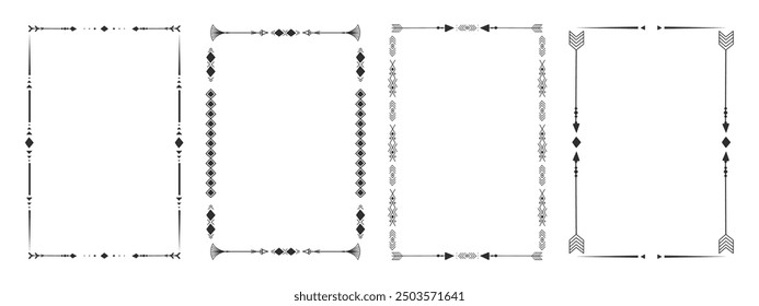 Frame set with tribal native indian arrow, ornament. Border thin line divider decoration with feather, simple motif on white background