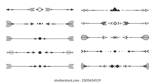 Frame set with tribal native indian arrow, ornament. Border thin line divider decoration with feather, simple motif on white background