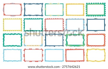 Frame set with varied decorative borders, wavy edges, scallop corners, and empty space for text and photos. Symbol of emphasis, highlight, scrapbook, and template flexibility. Cartoon vector illustration.