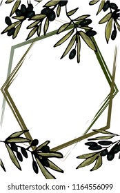 A frame of several lines at the background of branches of olive tree. Space for text. Vector hand-drawn illustration.