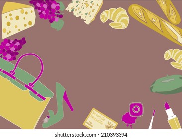 Frame with several objects such as clothes, accesories and food 
