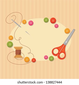 Frame with sewing items: scissors, spool, needle with thread and colored buttons.