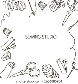 The frame of the sewing tools and accessories. Pins, thimbles, coils, scissors, needles. advertising postcard sewing Studio, handmade workshop, Atelier, store. Vector graphics with copy space