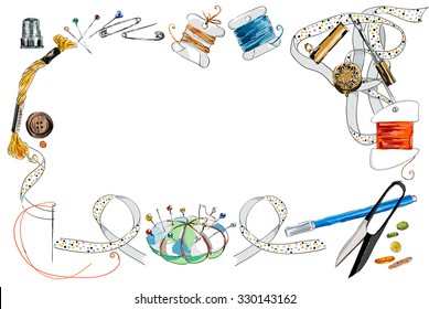 Frame from sewing tools and colored tape. Sewing kit. Scissors, bobbins with thread and needles. Threads & tools for embroidery. Hand drawn vector illustration