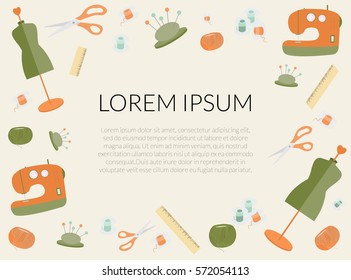 Frame from sewing tools. Vector design for poster, banner, website,  business cards.Vector illustration of Color Set of Objects