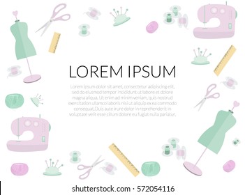 Frame from sewing tools. Vector design for poster, banner, website, business cards.Vector illustration of Color Set of Objects