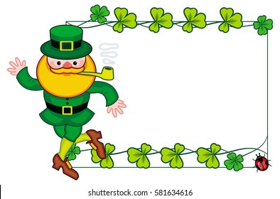 Frame with shamrock, leprechaun and a pot of gold. St. Patrick Day background. Copy space. Vector clip art.