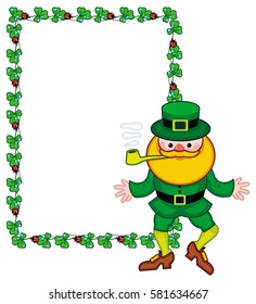 Frame with shamrock, leprechaun and a pot of gold. St. Patrick Day background. Copy space. Vector clip art.