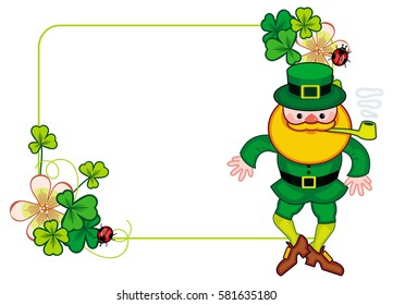 Frame with shamrock, leprechaun and a pot of gold. St. Patrick Day background. Copy space. Vector clip art.