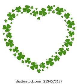 Frame of shamrocks in the shape of a heart. Decorative element for St. Patrick's Day design. Vector illustration