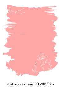 Frame in the shape of an abstract brushstroke in pink, decorated with outlines of flowers and branches. Botanical vector illustration, template for greeting card or invitation. Hand drawing