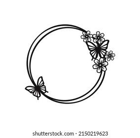 Frame in the shape of a circle with flowers and butterfly. Floral Frame. Suitable for cutting machine  svg