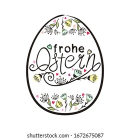 Frame in the shape of an Easter egg with the inscription Happy Easter in German language. Hand drawn Easter typography with flowers for greeting cards isolated on white background. Vector Illustration