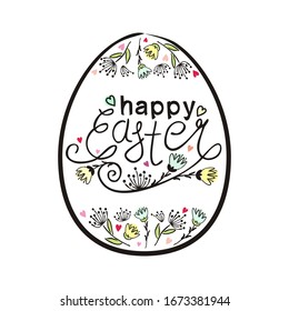 Frame in the shape of an Easter egg with the inscription Happy Easter. Hand drawn Easter typography with flowers for greeting cards isolated on white background. Vector Illustration