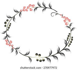 Frame in the shape of an ellipse of berries and red flowers. EPS10 vector illustration