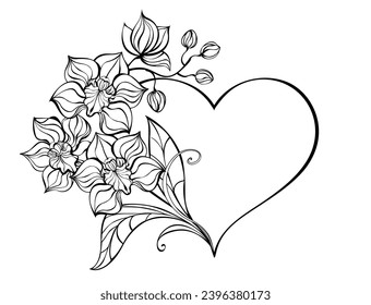 Frame in the shape of heart, decorated with contour, artistically drawn branch of an orchid on white background. Coloring. Artistic drawing of an orchid. Hand drawn vector art.