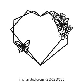Frame in the shape of a heart with flowers and butterfly. Floral Frame. Suitable for cutting machine  svg