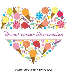 Frame in the shape of a heart. Invitation card, Birthday card  made from ice-creams, lollipops and candies on white background. Poster, banner advertising flyers with sweets. Vector illustration.