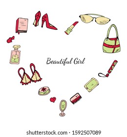 Frame in the shape of a heart from items of women's cosmetics and accessories. Isolated object on a white background. Vector stock illustration.