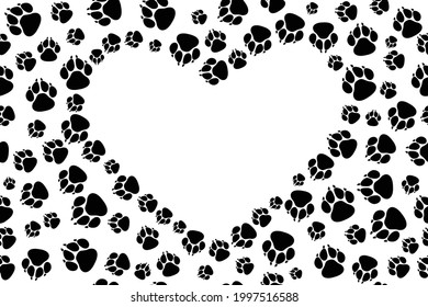 frame in the shape of a heart made of pet footprints, seamless pattern