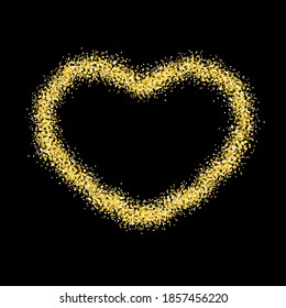 Frame in the shape of a heart made of sparkling confetti on black background. Valentines day card template esp 10