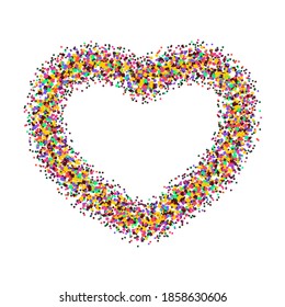 Frame in the shape of a heart made of sparkling confetti on black background. Valentines day card template esp 10