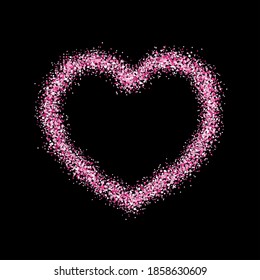 Frame in the shape of a heart made of sparkling confetti on black background. Valentines day card template esp 10