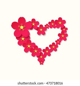 Frame in the shape of a heart with red paper flowers