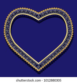 frame in the shape of heart silver color with shadow on blue background