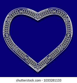 frame in the shape of heart silver color with shadow on blue background
