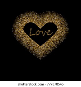 Frame in the shape of heart from sparkling confetti on a black background. Valentine's day card template. With the inscription love.