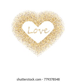 Frame in the shape of a heart from sparkling confetti on a white background. Valentine's day card template. With the inscription love.