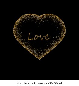 Frame in the shape of heart from sparkling confetti on a black background. Valentine's day card template. With the inscription love.