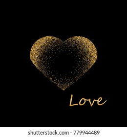 Frame in the shape of heart from sparkling confetti on a black background. Valentine's day card template. With the inscription love.