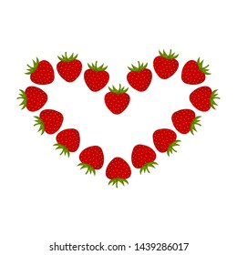 Frame in the shape of a heart of strawberries. Background for postcard, poster red berries on white background. Vector illustration.