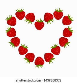 Frame in the shape of a heart of strawberries. Background for postcard, poster red berries on white background. Vector illustration