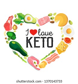 A Frame in a shape of a heart that consist of ketogenic diet products isolated on a black background. Vector illustration of keto food.