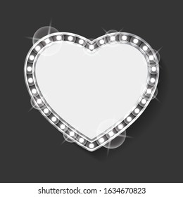 Frame in shape of heart vector, empty banner with blank space and silver bulbs. Grey lights and sparkling on borders, vintage decor romantic style