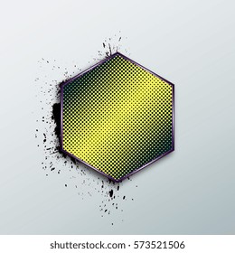 Frame in the shape of a hexagon with halftone background and splashes of black ink.