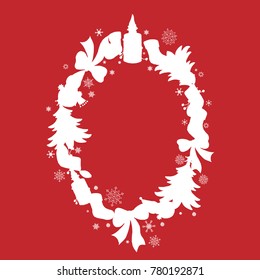 Frame in the shape of an oval with sillhouettes of Christmas objects and snowflakes