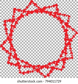 Frame in shape of star with twelve rays made of different sized cartoon hearts isolated on transparent background with rount copy space in centre. Vector border with hearts, photo frame, template.