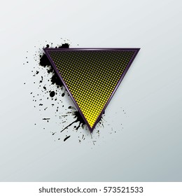 Frame in the shape of a triangle with halftone background and splashes of black ink.